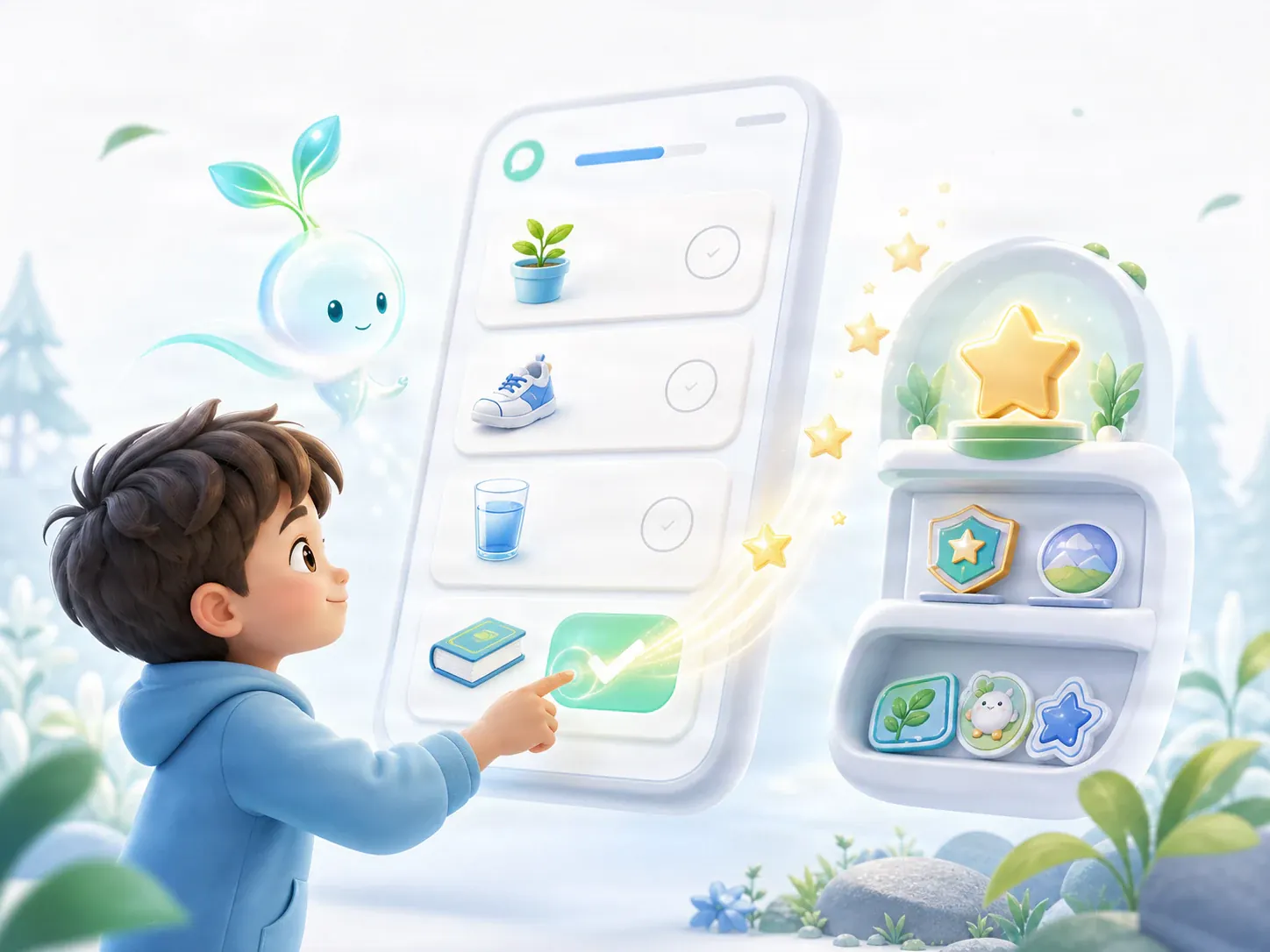 孩子查看任务、积累星星与贴纸的官方功能示意图